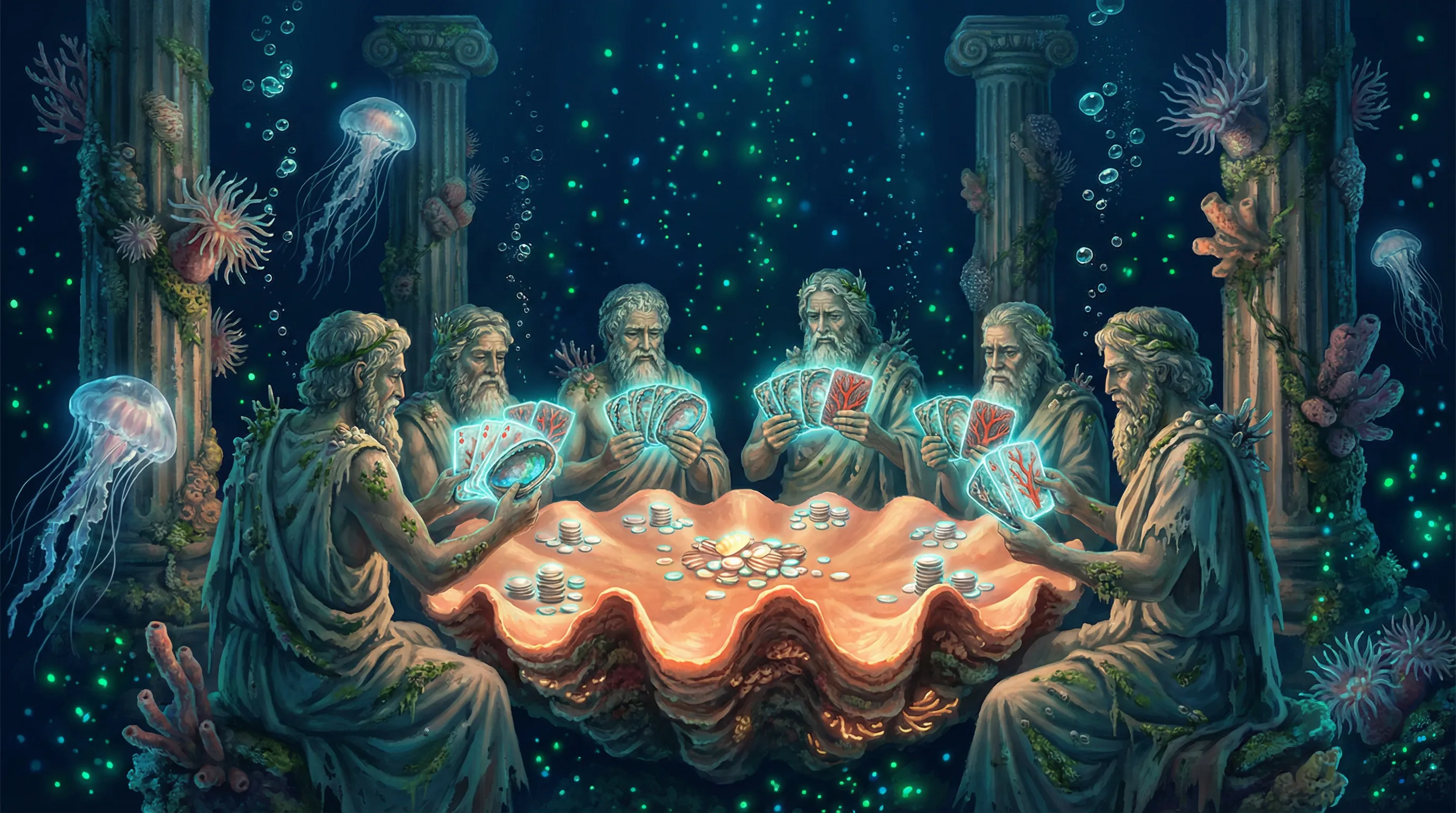 开元棋牌海神德州珊瑚牌桌深海对弈场景